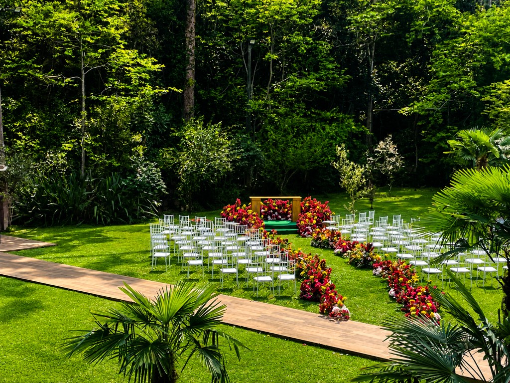 Jardim e espaço para cerimônia ao ar livre na Chácara do Cris